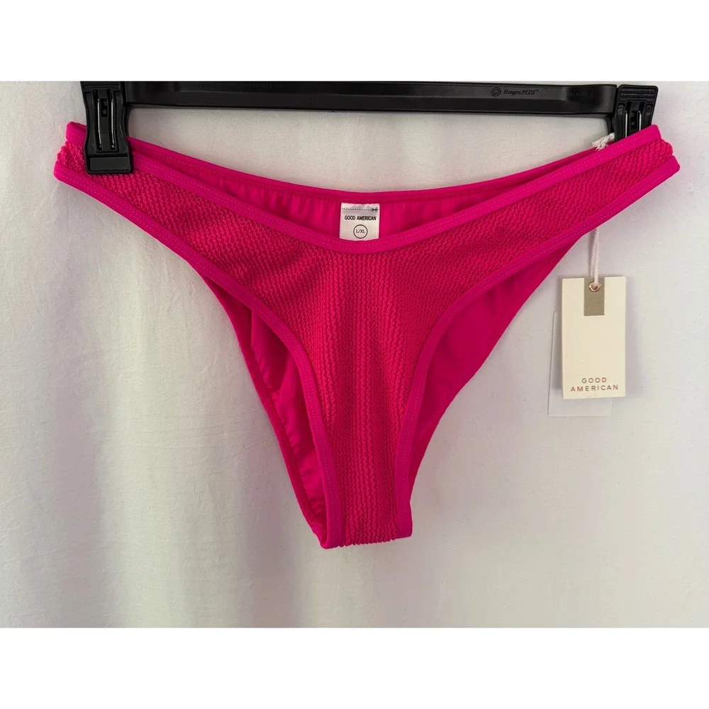 NWT Good American Always Fits  Bikini Bottom Pink Glow L/XL Crinkle Textured